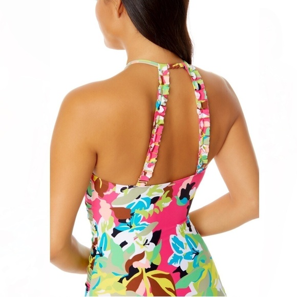 Anne Cole High Neck Key Hole Ruffled Straps One Piece Swimsuit Cabana Pa… - Picture 14 of 15